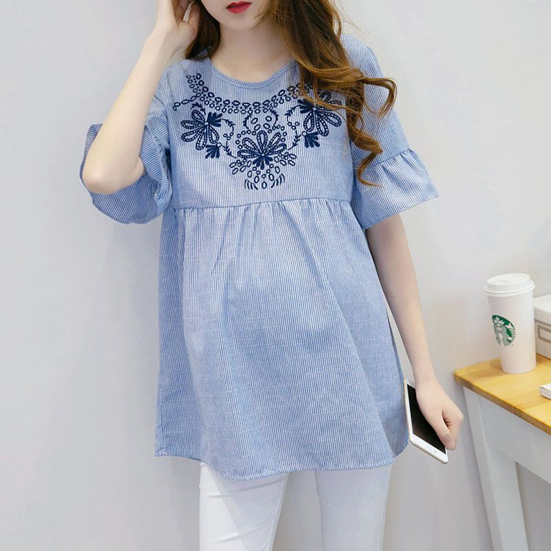 2025夏装民族风刺绣孕妇衬衫夏季短袖宽松上衣潮妈短款t恤衫衬衣