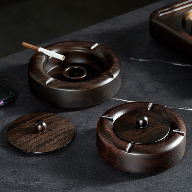 黑檀木烟灰缸带盖防飞灰办公室轻奢高级感家用客厅烟缸实木装饰品