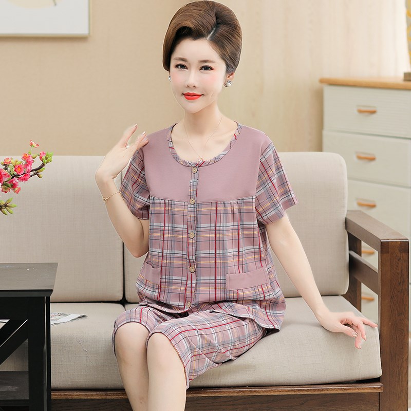 中年人睡衣女夏季薄款纯棉短袖七分裤妈妈家居服夏天全棉宽松大码