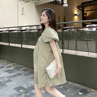 PEIPEI孕妇装定制牛油果色泡泡袖显瘦孕后期连衣裙夏装森系潮宽松