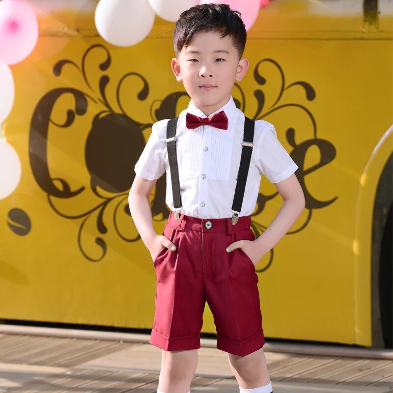 男童红色西裤夏中裤背带迷彩儿童西装短裤吊带裤演出学生主持礼服