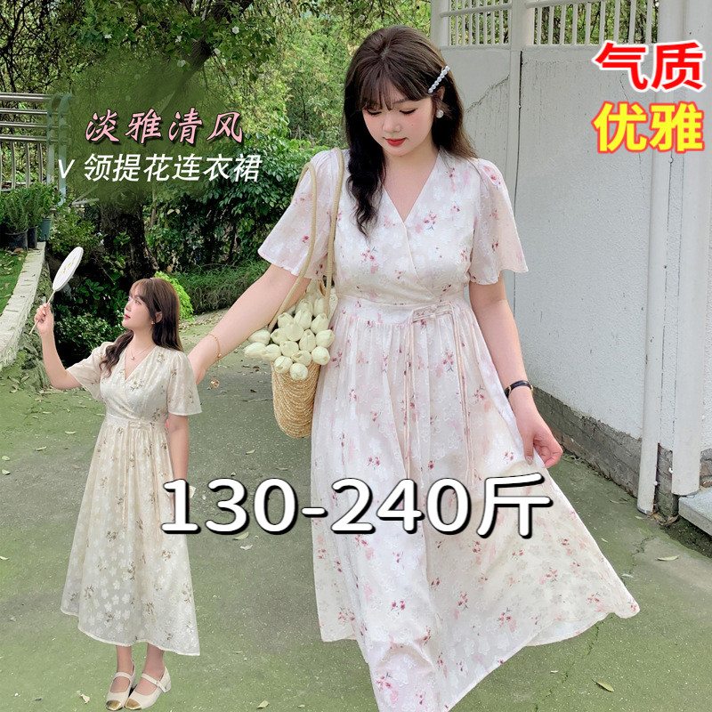 大码女装200斤胖mm夏新款V领收腰显瘦国风复古印花A字长款连衣裙