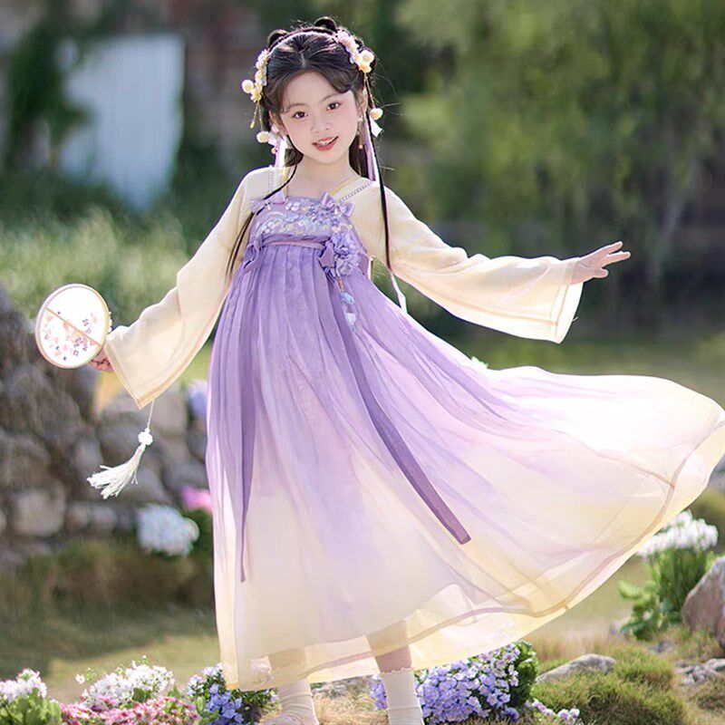 汉服女童国风连衣裙儿童唐朝古装小女孩中式绝美古风公主裙子紫色