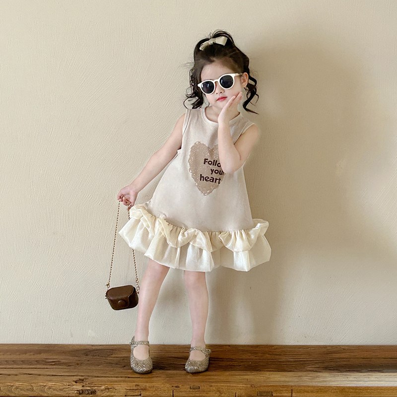 女童月光纱背心裙女童韩版拼纱连衣裙女宝宝爱心公主裙礼服裙洋气