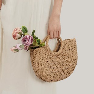 宫佩2024新款 网红百搭编织包女小清新卡其简约沙滩包包草编包