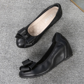 妈妈皮鞋 闰月鞋 女 新款 软底软面黑色坡跟单鞋 内增高豆豆鞋 2024春季