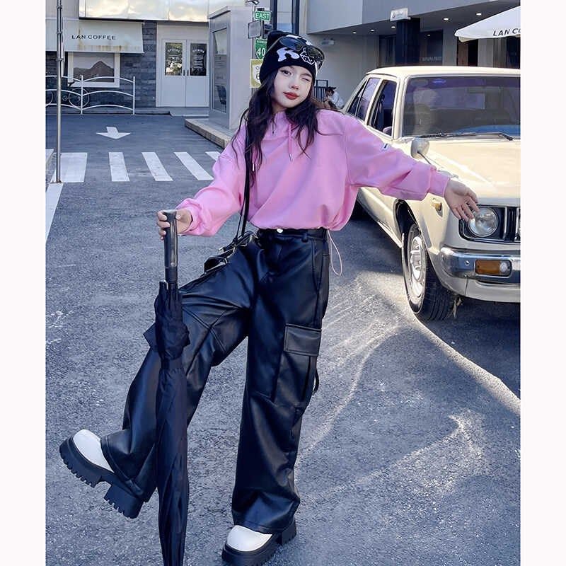 连帽短款卫衣女童秋季新款2025秋装女孩炸街阔腿休闲皮裤两件套潮