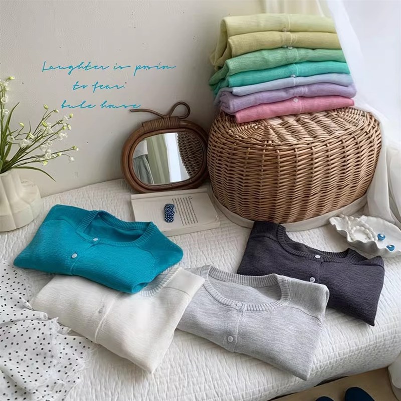 韩系小标糖果色麻棉针织开衫女春夏圆领透气柔软防晒外搭罩衫上衣