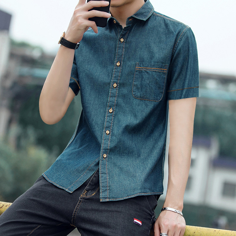 夏季纯棉薄款短袖衬衫男士牛仔宽松休闲青年纯色衬衣青年上衣外套