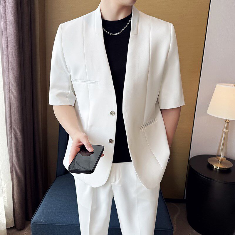 新中式无领短袖西服男宽松套装夏季薄款休闲风松弛感七分中袖西装