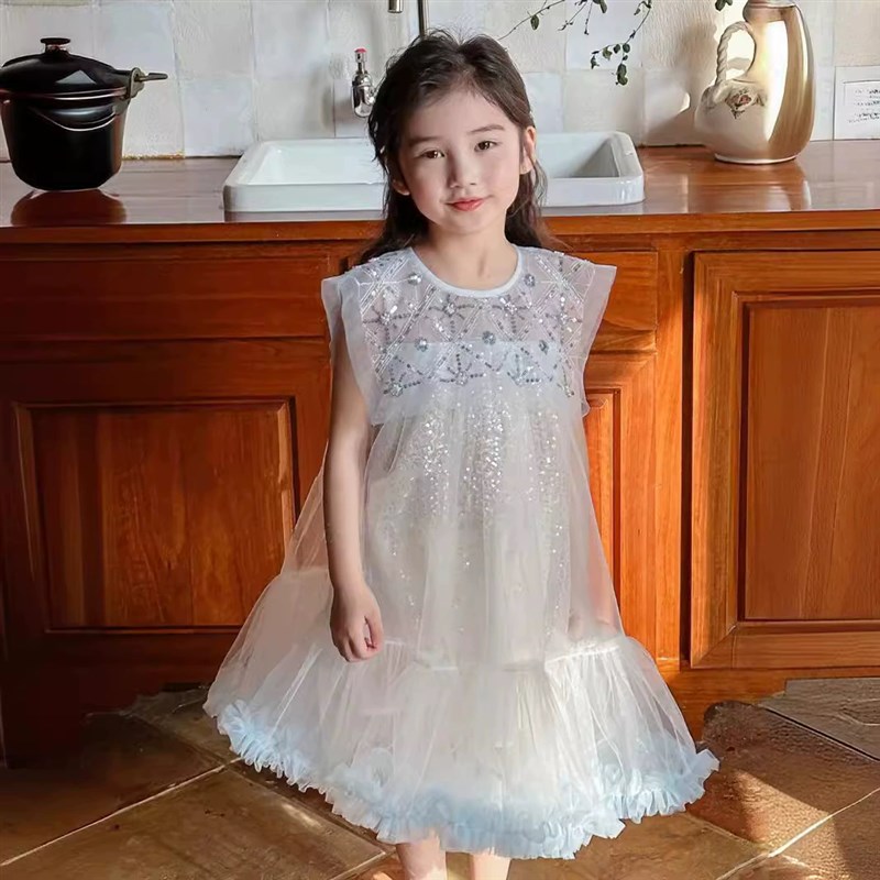 女童连衣裙25夏季新款冰雪蓝法式大翻领亮片网纱61生日礼服公主裙