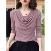 百搭打底衫 时尚 潮 新款 气质显瘦烫钻小衫 堆堆领网纱长袖 上衣女春季