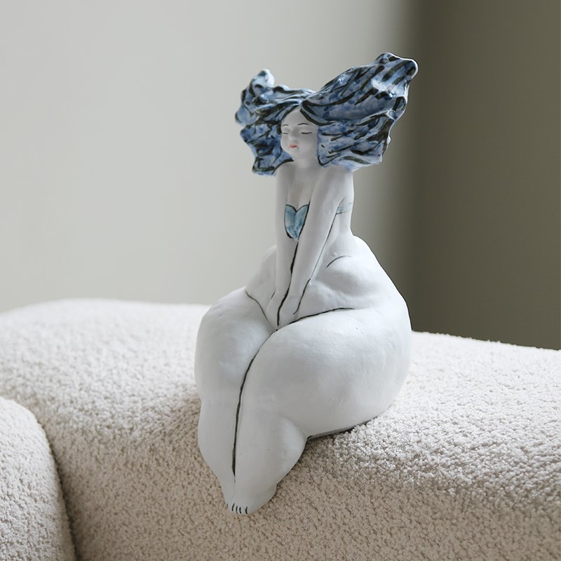 手工抽象人物海边蓝色女孩陶瓷雕塑柜子创意艺术装饰品工艺品摆件