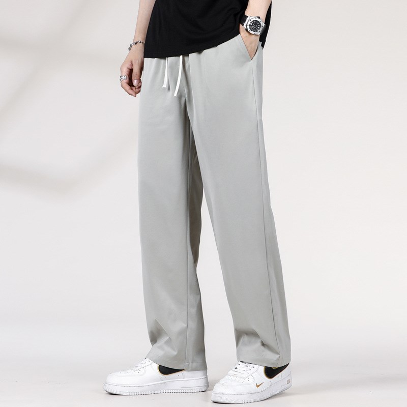 2023夏季冰丝阔腿老爹长裤宽松加大码简约抽绳薄款男装休闲裤胖子