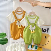 薄款 男童夏装 两件套 2025新款 女宝宝洋气时髦短袖 超可爱背带裤 套装