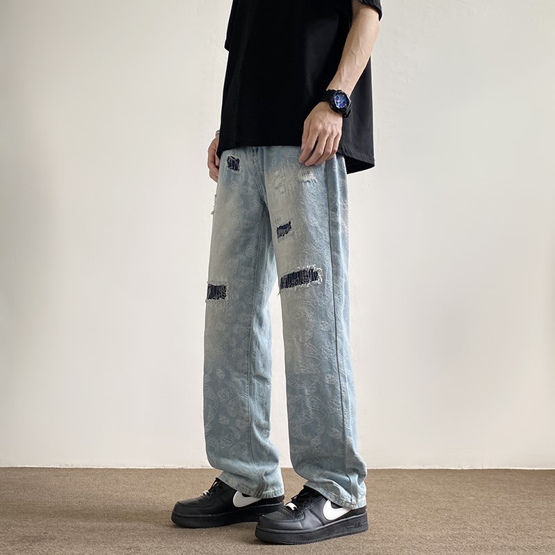 美式风潮流宽松牛仔裤高街破洞补丁阔腿休闲牛仔长裤猫须做旧男裤