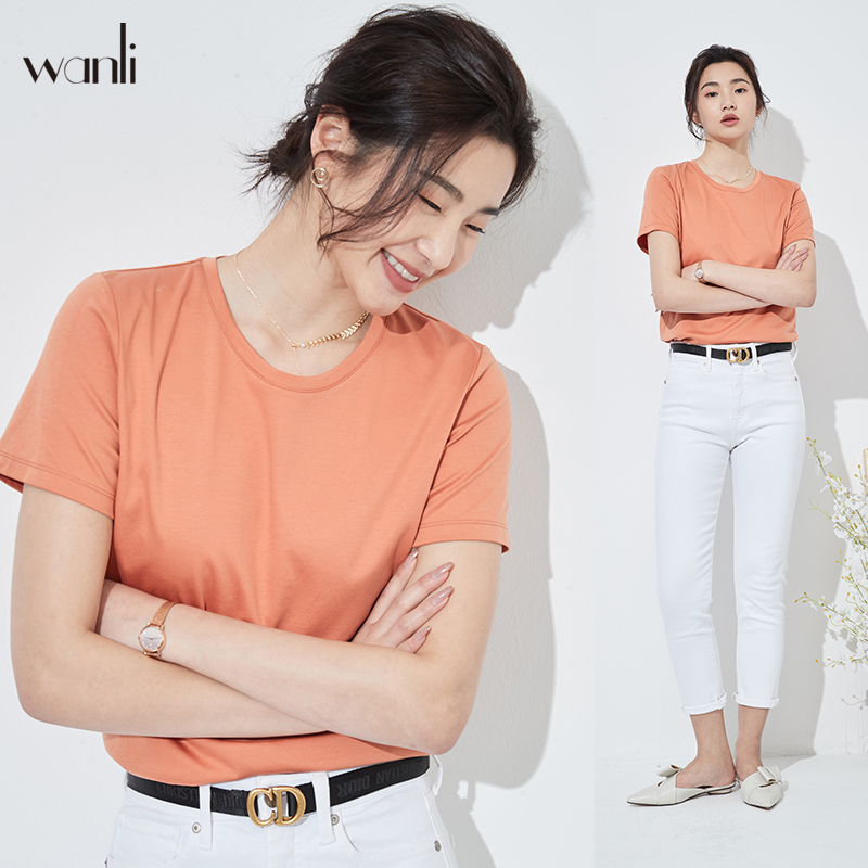 2021新款春夏女式多色圆领T恤液氨丝光棉基础款V领彩色短袖打底T