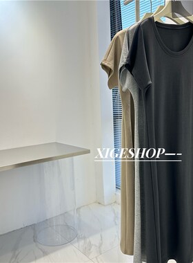 U领纯色懒人中长款t裙女韩系宽松显瘦收腰a字小飞袖纯棉连衣裙夏