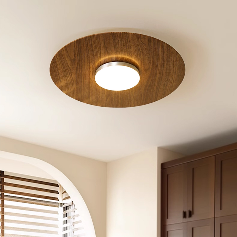 意式极简中古风吸顶灯卧室灯房间阳台走廊过道灯胡桃木色飞盘灯