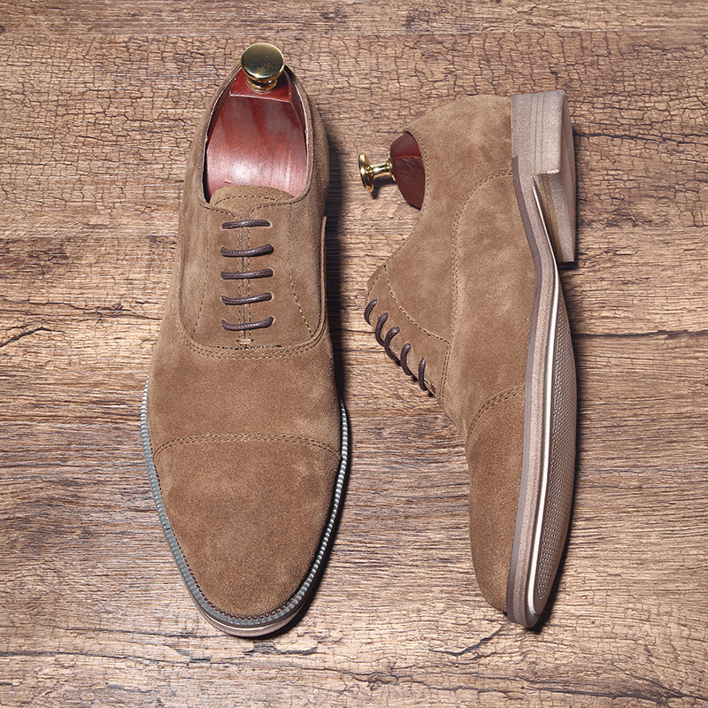 英伦复古特伦德三接头男士商务正装皮鞋反绒皮系带尖头办公室男鞋
