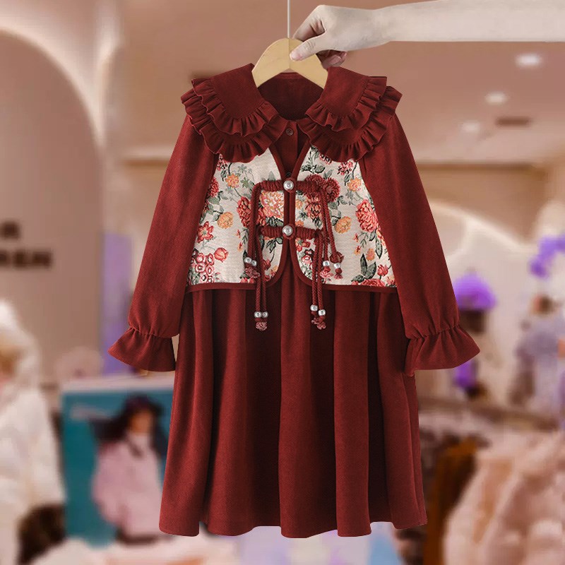女童加绒连衣裙红色过年裙子儿童秋冬装拜年服小女孩洋气新年衣服