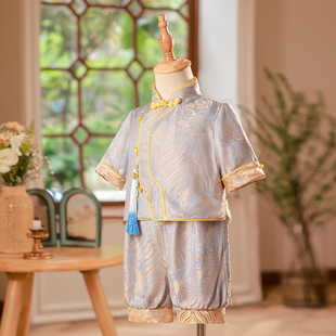 夏季 男宝宝一周岁礼服中式 冠衣男童唐装 婴儿抓周衣服套装 2023新款