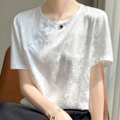 T恤女圆领盘扣提花半袖 新中式 国风缎面真丝短袖 上衣宽松醋酸打底