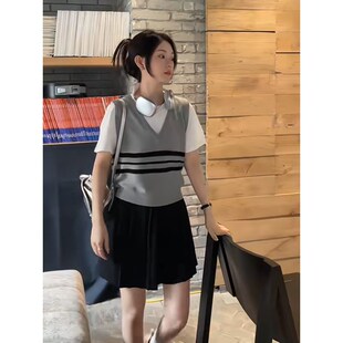 上衣 外穿薄款 学院风V领撞色条纹拼接假两件冰丝短袖 针织T恤女夏季