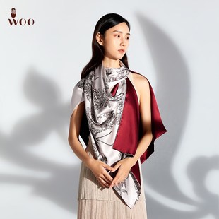 青花卉影中式 嫵WOO 印花面料小 盘扣 丝巾披肩围巾百搭 中式