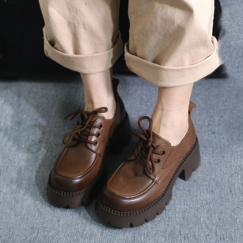 高品质头层牛皮单鞋女2024春季新款系带防水台粗跟高跟皮鞋复古