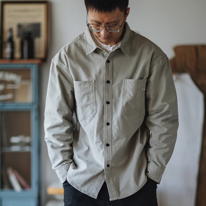 靛海 日系复古水洗重磅帆布纯棉衬衫 阿美咔叽宽松翻领长袖衬衣男