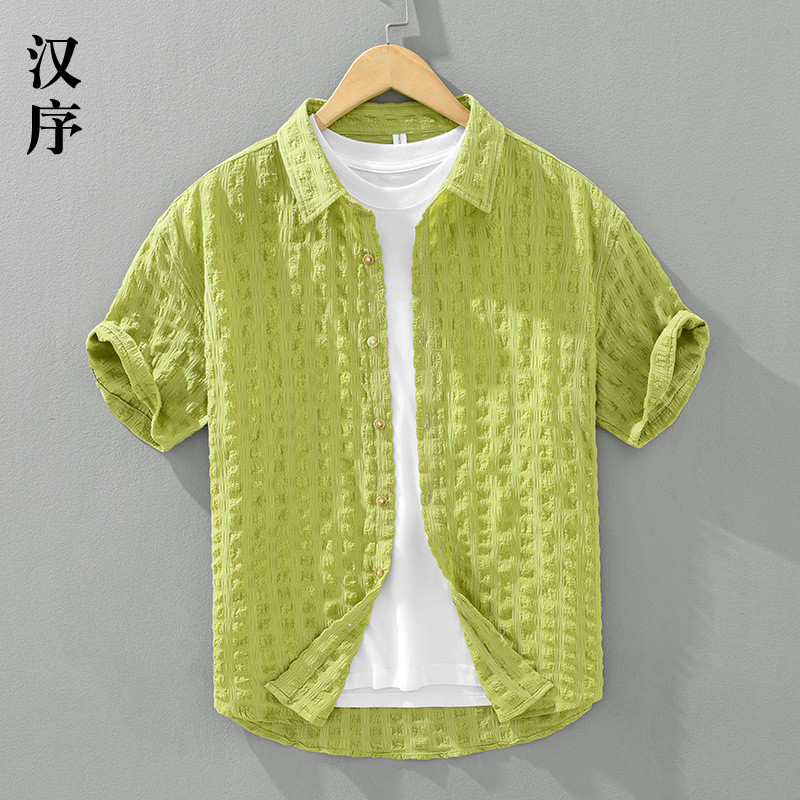 夏季清新纯色泡泡纱短袖衬衫男日系复古薄款休闲宽松衬衣半袖时尚
