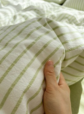 水洗棉绿色条纹全棉四件套100纯棉被套床单床笠款床上用品三件套4