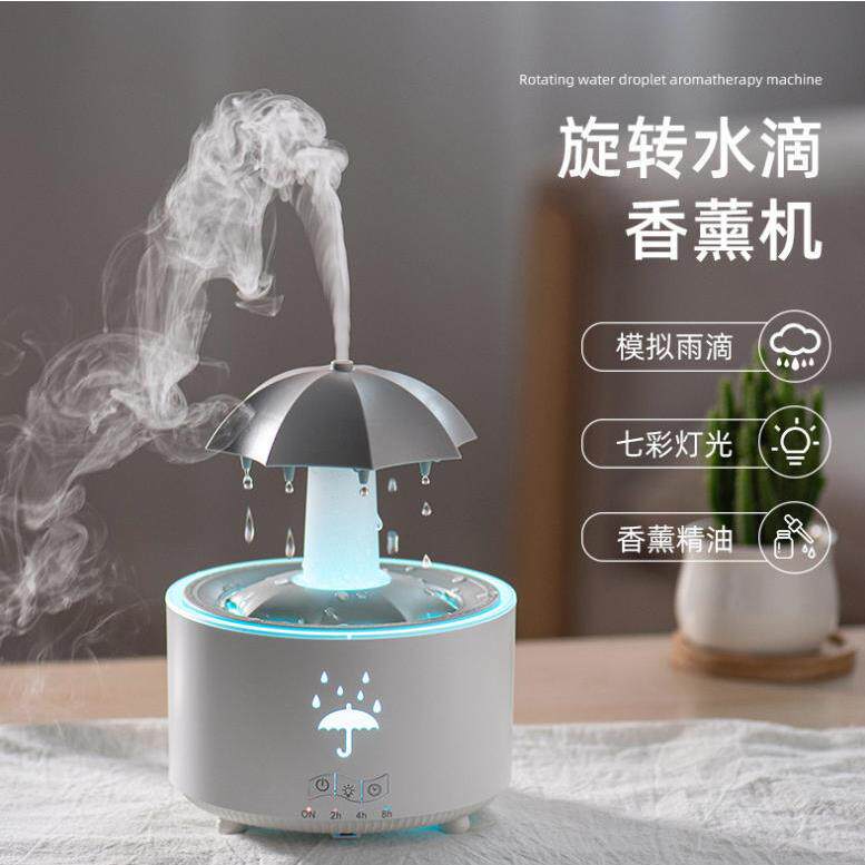 旋转雨滴加湿器小型桌面办公室宿舍家用卧室静音迷你七彩灯雨声小