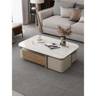 现代极简创意大小户型客厅家用长方形带凳子茶几微晶石台面茶几