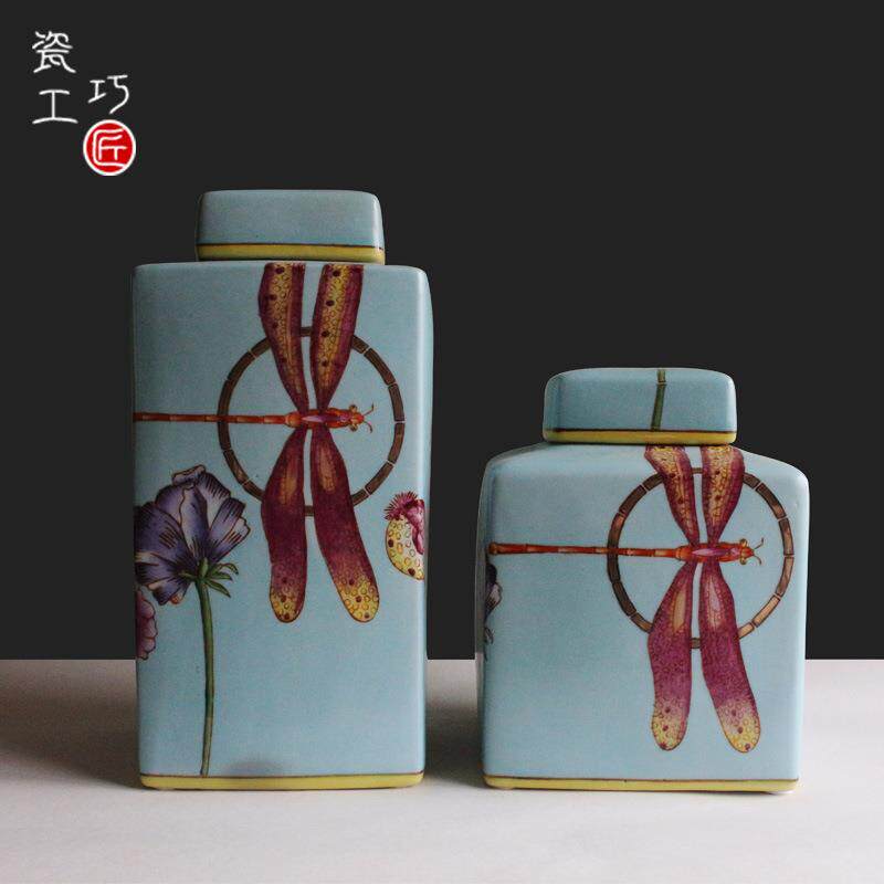 欧式粉彩陶瓷圆罐客厅酒柜电视柜茶几摆件创意家居玄关家装饰罐子