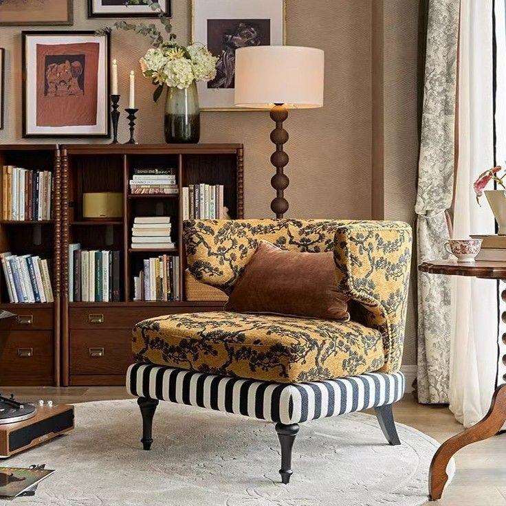 中古风客厅实木懒人沙发椅设计师小户型躺椅卧室客厅法式单人沙发