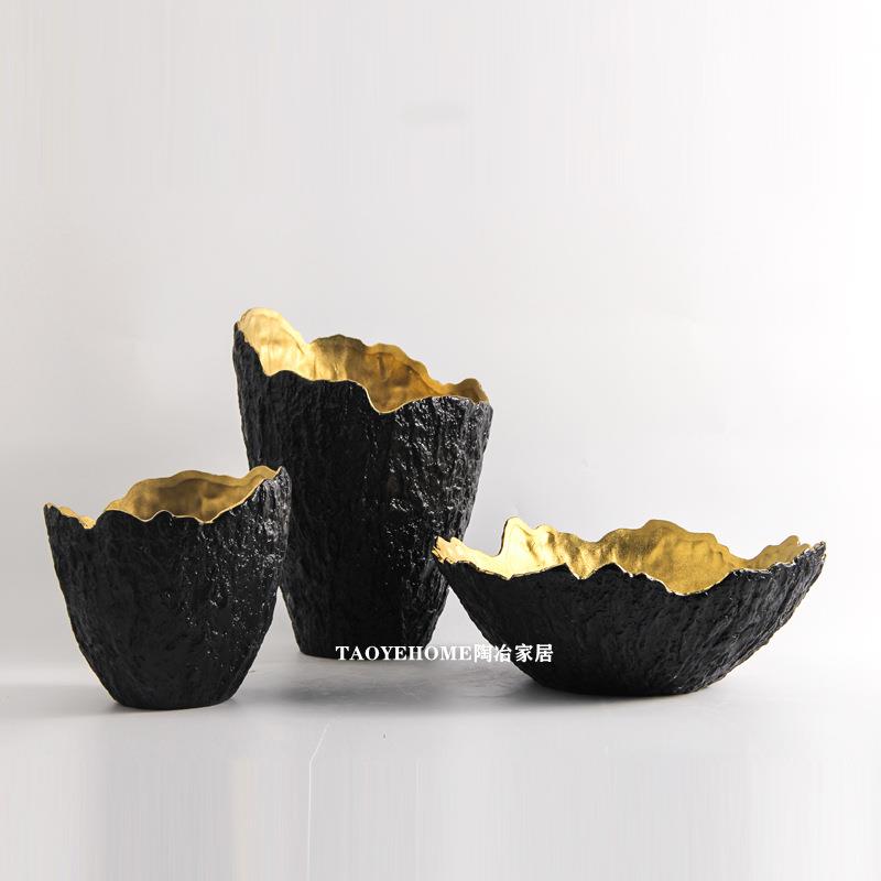 简约复古黑金不规则陶瓷花器样板间售楼处玄关电视柜果盘软装摆件