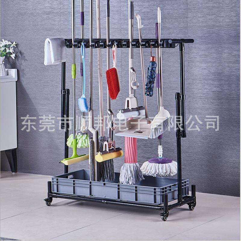 精益管拖把收纳架带轮可移动放扫把置物架清洁工具收纳车多功能