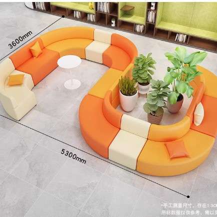 简约现代健身房大厅休息区多人位接待室弧形布艺办公沙发茶几组合