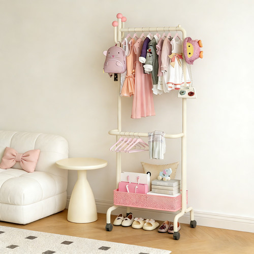 儿童卧室双层铁艺带篮子衣帽架