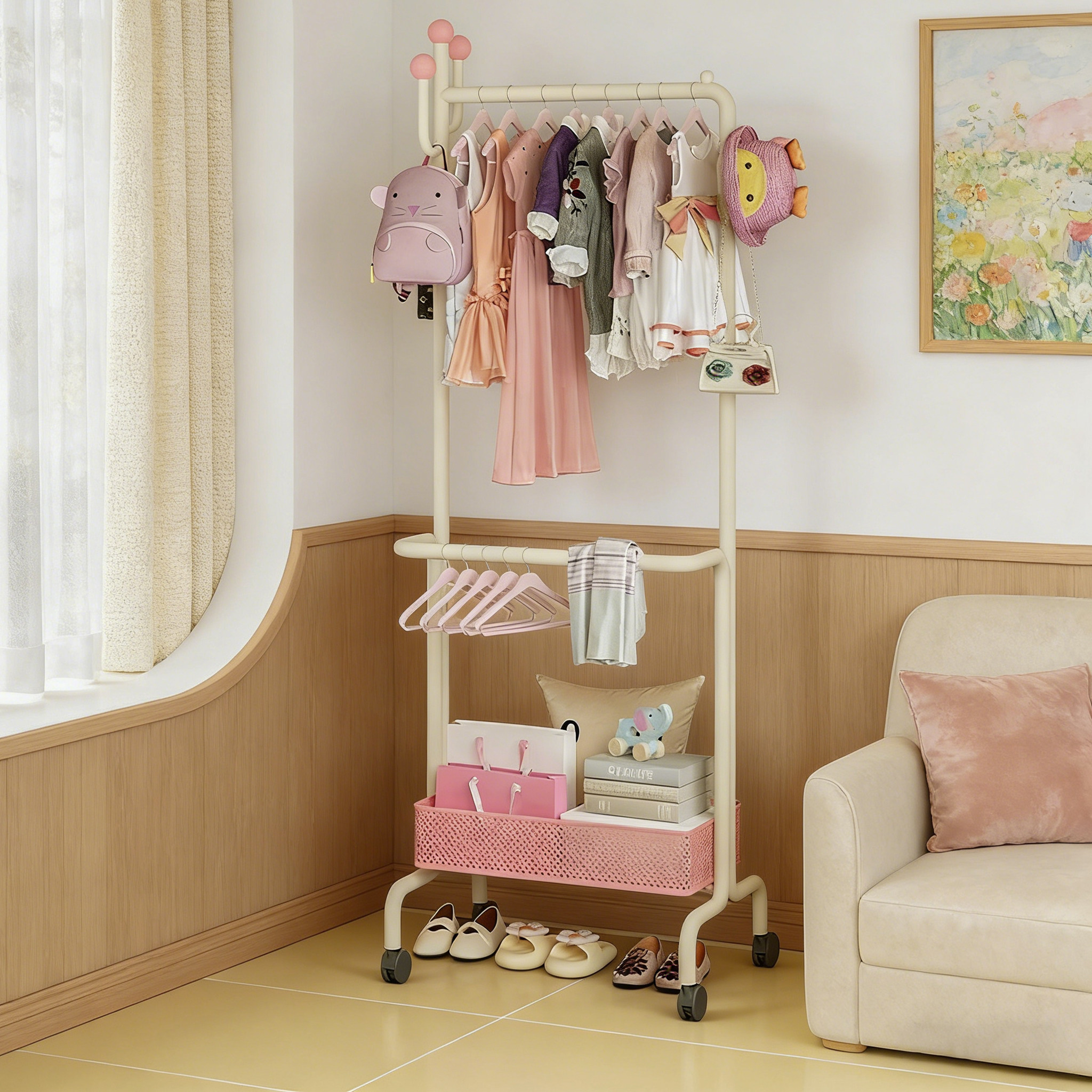 双层落地式奶油风儿童衣帽架儿童房可移动收纳置物挂衣架带篮子,住宅家具,儿童衣帽架,淘宝优惠券,粉丝福利购,淘宝优惠卷