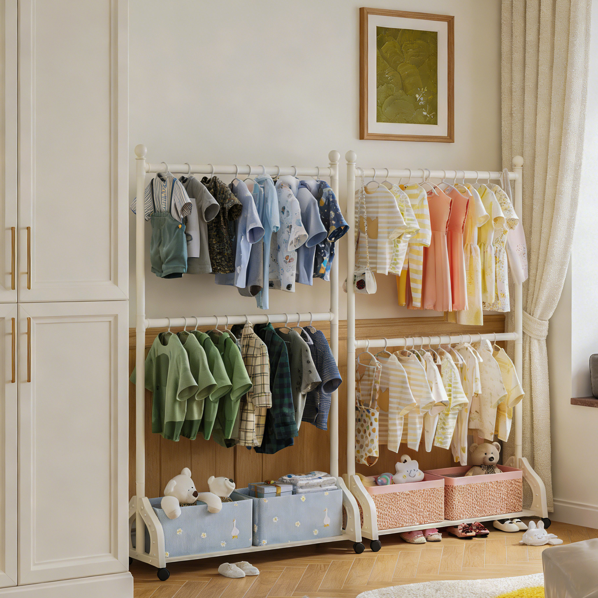 儿童衣帽架家用宝宝衣服收纳置物架多层铁艺可移动挂衣架带储物箱,住宅家具,儿童衣帽架,淘宝优惠券,粉丝福利购,淘宝优惠卷