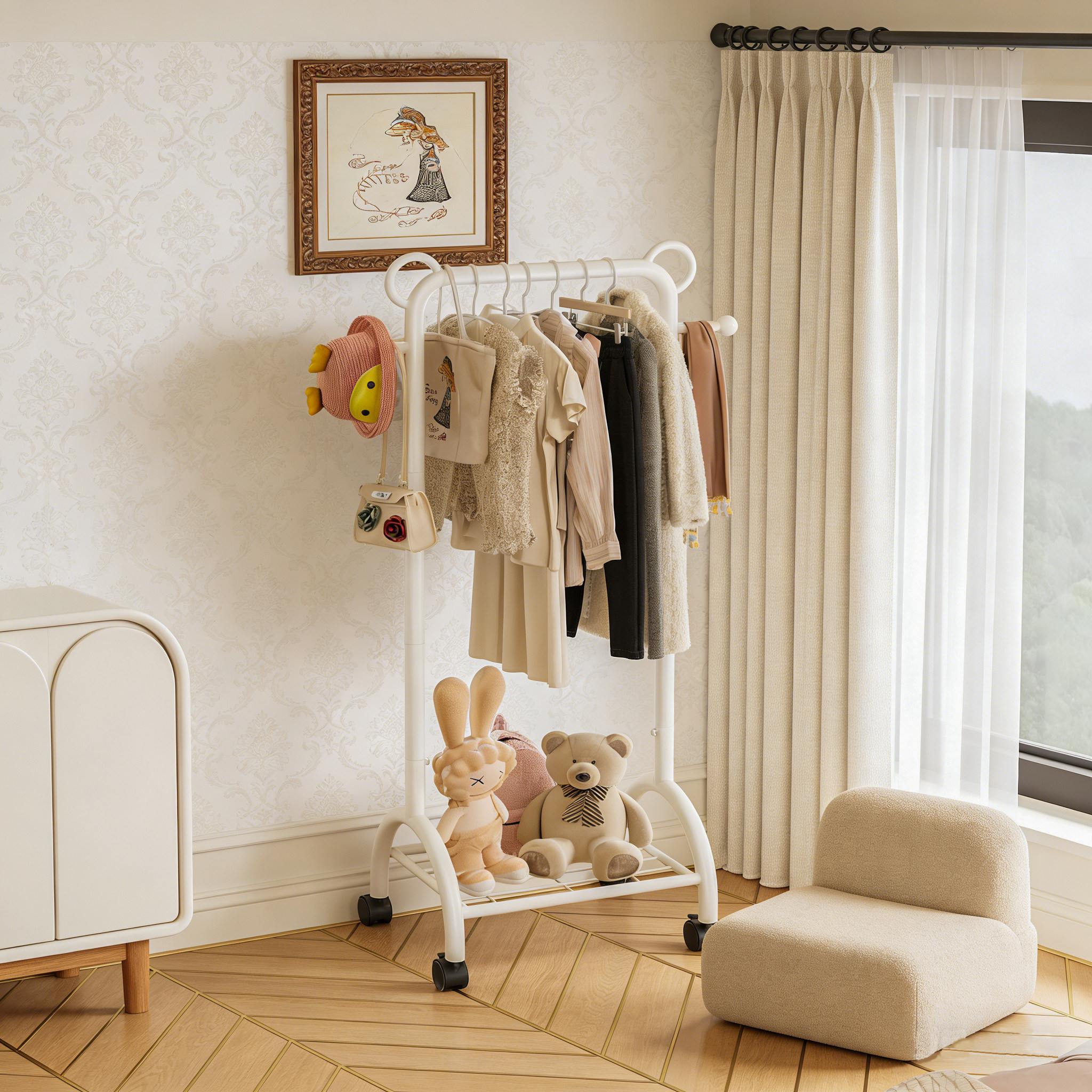 儿童落地式挂衣架卧室简易小型衣帽架铁艺奶油风可移动置物挂衣架,住宅家具,儿童衣帽架,淘宝优惠券,粉丝福利购,淘宝优惠卷
