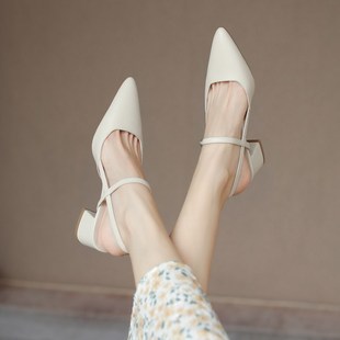 外穿 女夏季 鹿与奈良简约通勤风 文艺气质淑女尖头粗高跟包头凉鞋