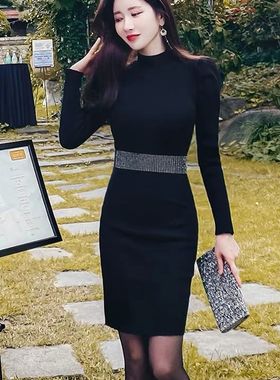 2021年冬季新款长袖打底内搭半高领针织毛衣连衣裙女配大衣包臀裙