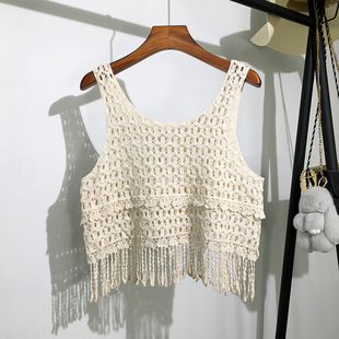 镂空针织背心马甲女夏外穿韩版 心机上衣 宽松百搭流苏钩花吊带无袖
