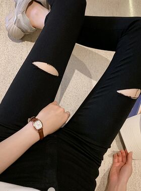 2021春秋破洞裤女薄款高腰打底裤外穿紧身显瘦黑色弹力小脚黑裤子