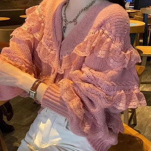 毛衣潮 外穿V领上衣洋气设计感长袖 蕾丝拼接针织开衫 女早春秋时尚