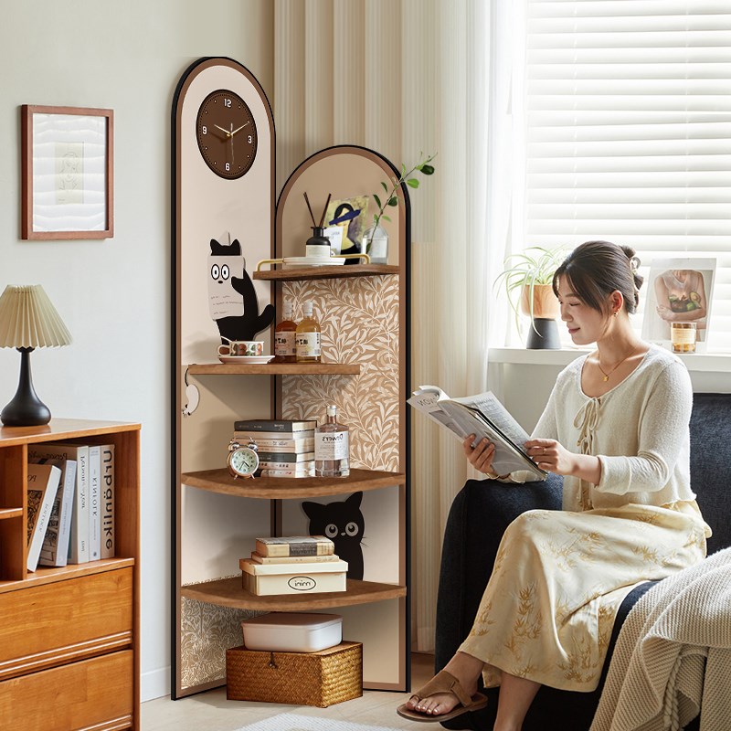 中古风带钟表落地摆件转角柜卧室置物架缝隙收纳柜猫咪装饰柜画